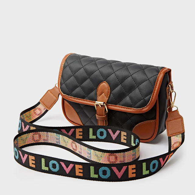 Classic quilted letter strape PU leather crossbody bag
