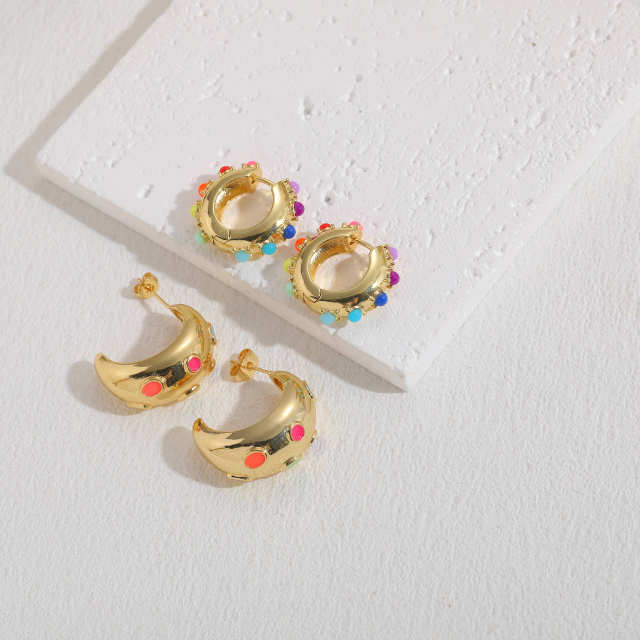 Boho Y2K rainbow enamel gold plated copper earrings huggie earrings