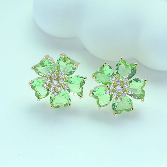 Delicate green pink cubic zicon petal flower studs earrings