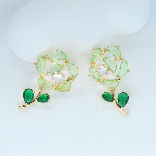 925 needle delicate color cubic zircon rose flower copper studs earrings