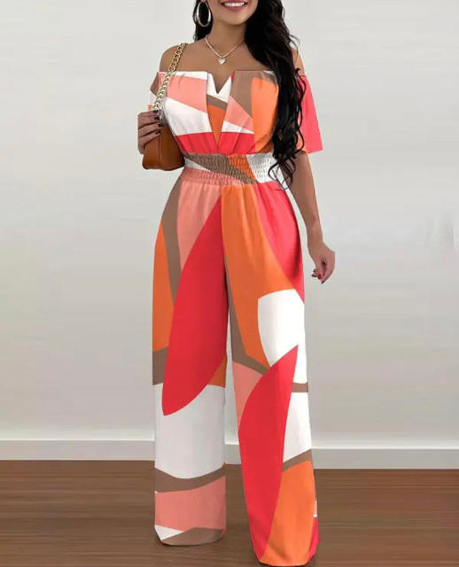 Summer color pattern off shoulder wide leg jumpsuit