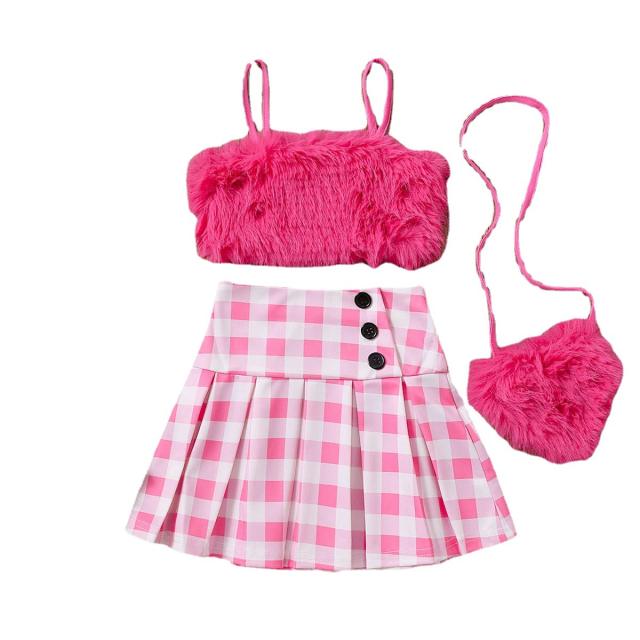 Summer girls fluffy camisole tops plaid skirt set with bag