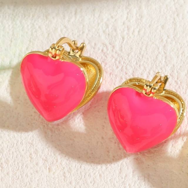 Candy color enamel heart shape copper huggie earrings