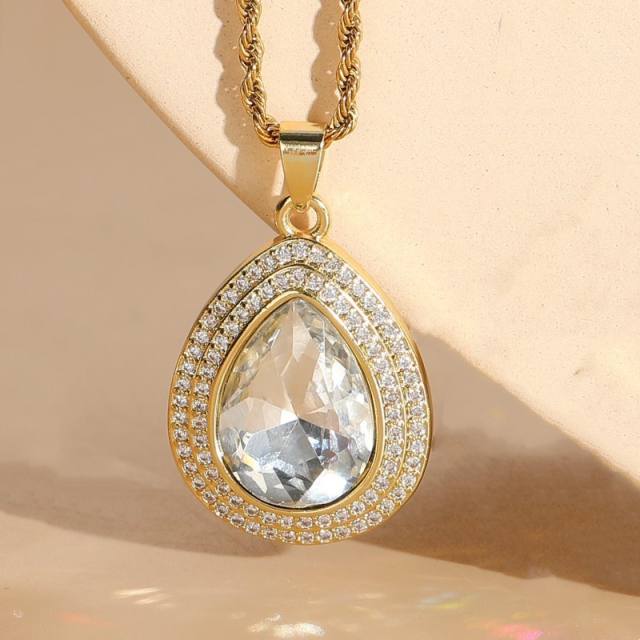 HIPHOP color diamond glass crystal tear drop rope chain copper necklace
