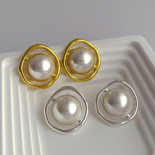 Korean fashion round shape pearl copper studs earrings