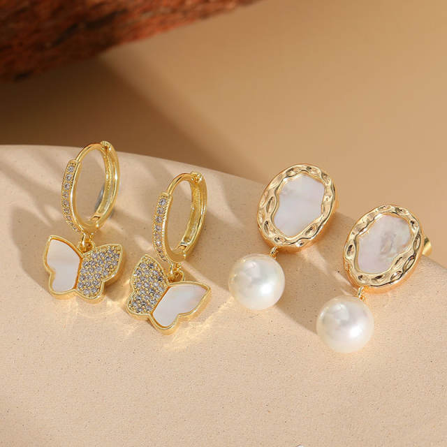 Korean fashion white shell butterfly pearl drop copper earrings