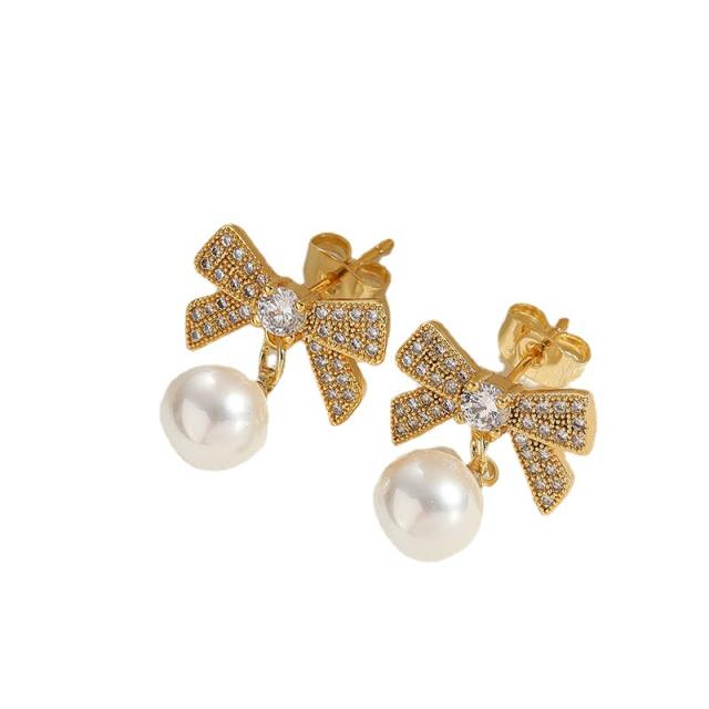 Delicate diamond bow sprial pearl drop copper earrings