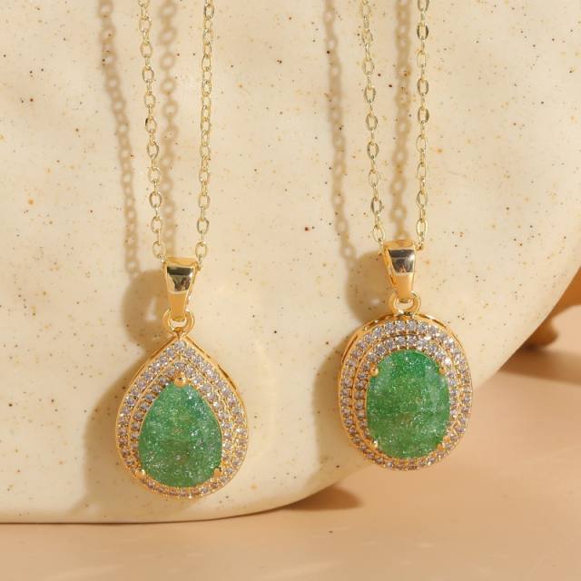 14KG copper emerald teardrop oval pendant necklace