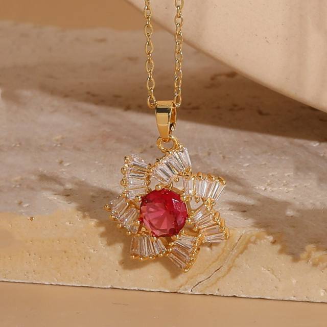 Colorful cubic zircon flower pendant copper necklace