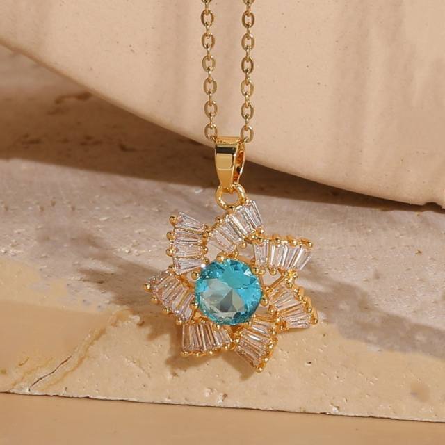 Colorful cubic zircon flower pendant copper necklace