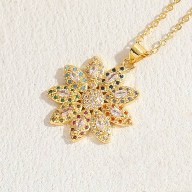 Delicate color cubic zircon diamond snowflake daisy pendant copper necklace