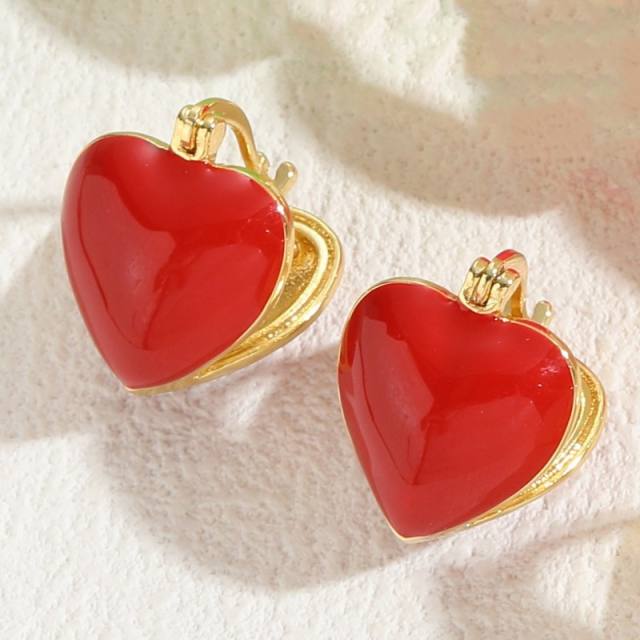 Candy color enamel heart shape copper huggie earrings