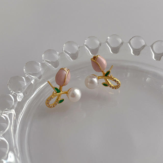 Sweet pink tulip flower copper studs earrings