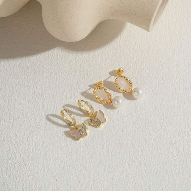 Korean fashion white shell butterfly pearl drop copper earrings