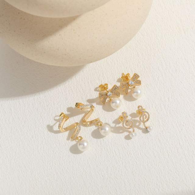 Delicate diamond bow sprial pearl drop copper earrings