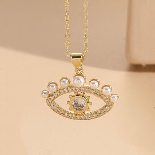 Hot sale pearl bead evil eye pendant copper necklace