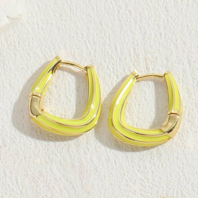 Candy color enamel geometric shape copper hoop earrings