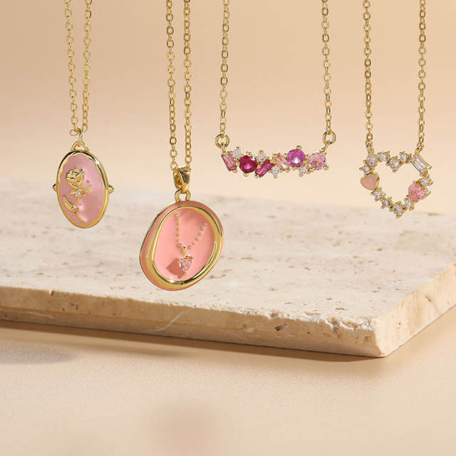 Y2K pink enamel cubic zircon copper dainty necklace