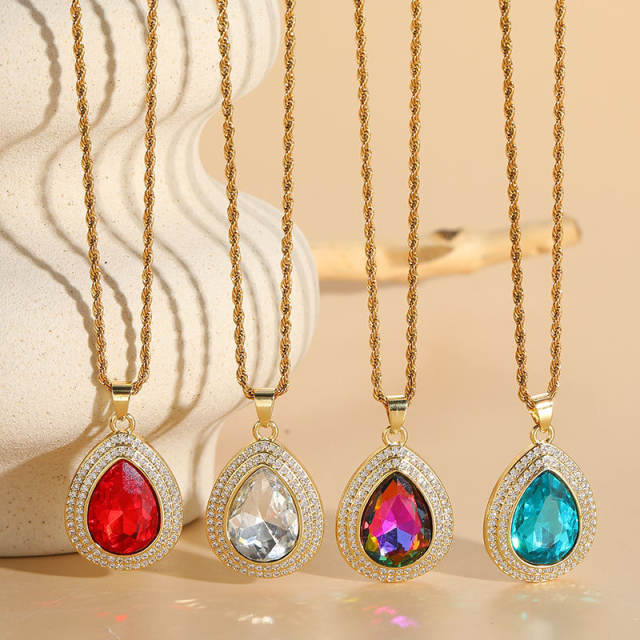 HIPHOP color diamond glass crystal tear drop rope chain copper necklace