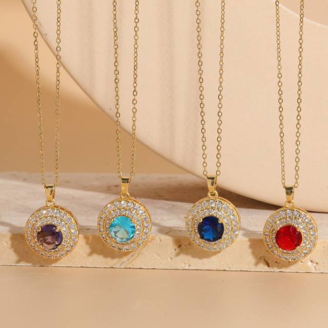 Delicate colorful cubic zircon pave setting round piece pendant necklace