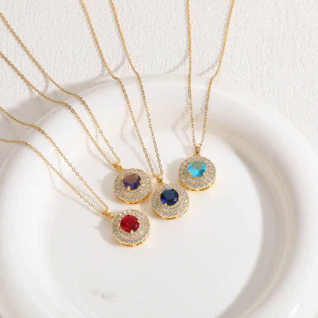 Delicate colorful cubic zircon pave setting round piece pendant necklace