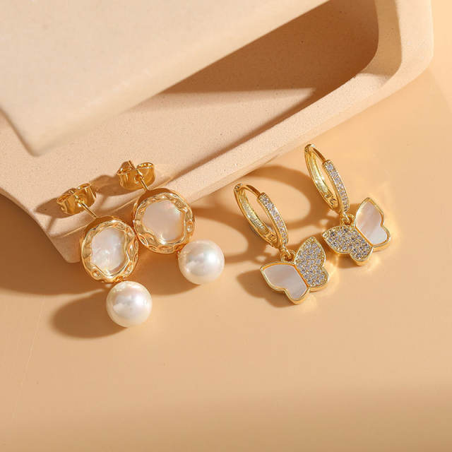 Korean fashion white shell butterfly pearl drop copper earrings