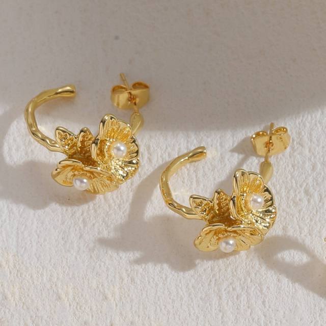 14KG chunky heart flower copper studs earrings
