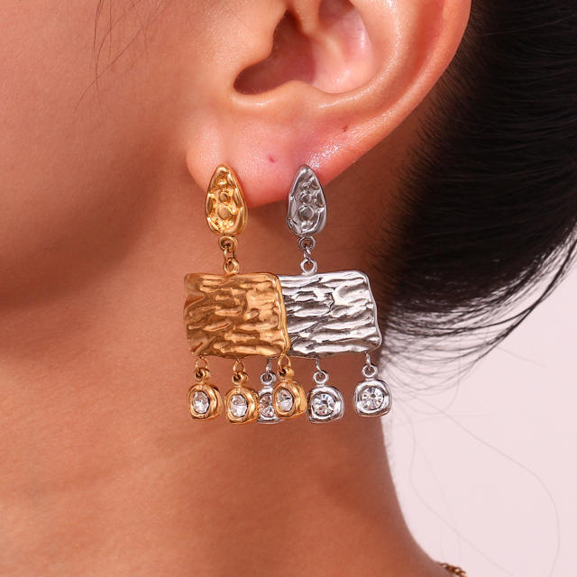 Boho cubic zircon drop tassel chunky stainless steel earrings