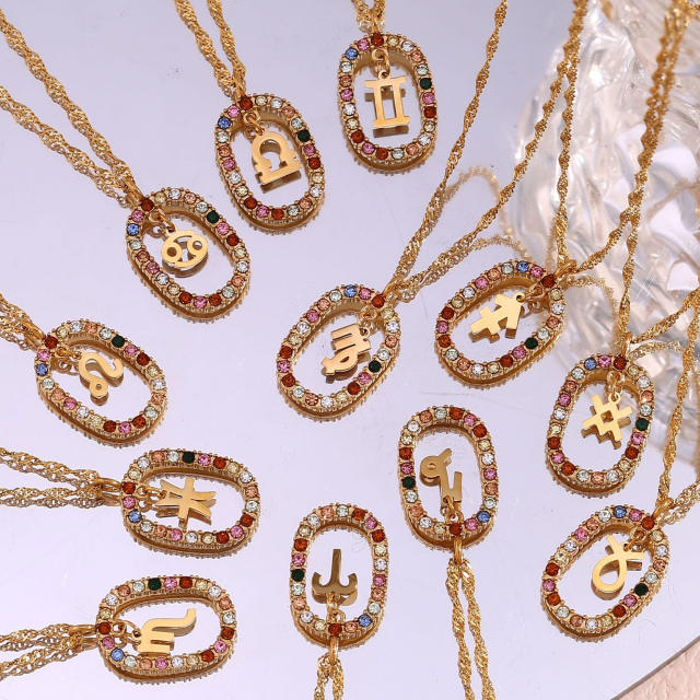 Rainbow cz zodiac pendant stainless steel necklace