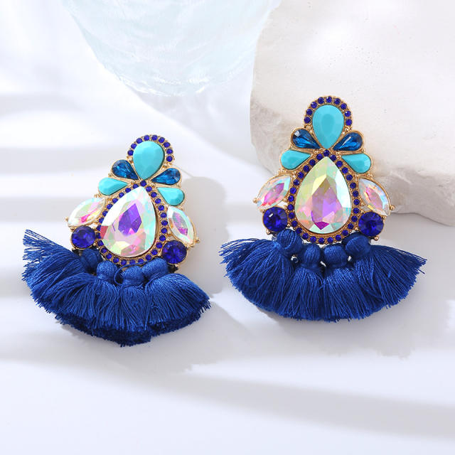 Boho colorful rope tassel fan color glass crystal statement earrings