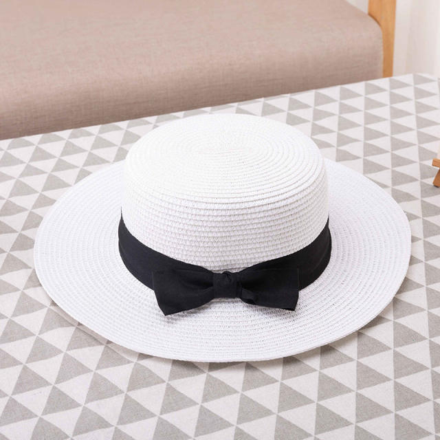 Elegant black bow ribbon straw hat beach hat