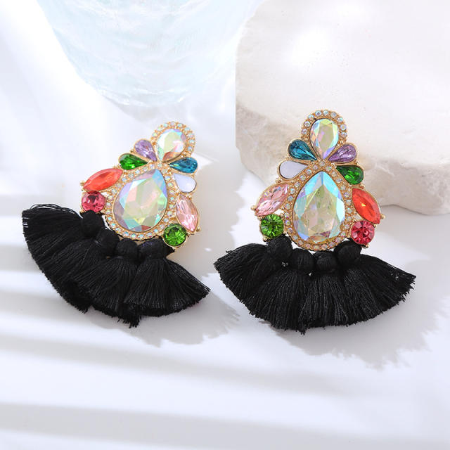 Boho colorful rope tassel fan color glass crystal statement earrings