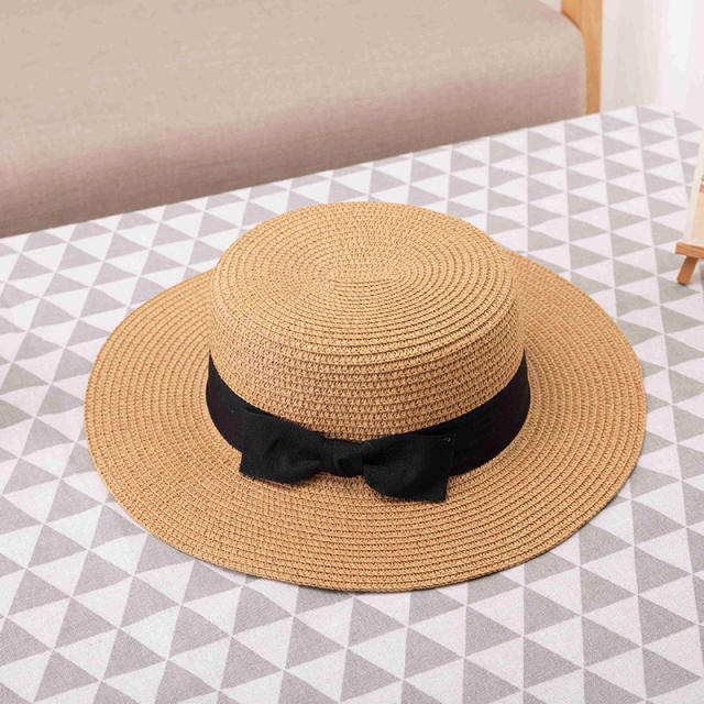 Elegant black bow ribbon straw hat beach hat