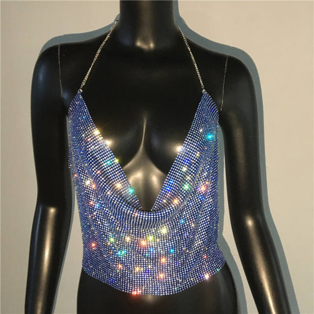 Sexy Y2K colorful rhinestone diamodn halter neck backless cropped tops