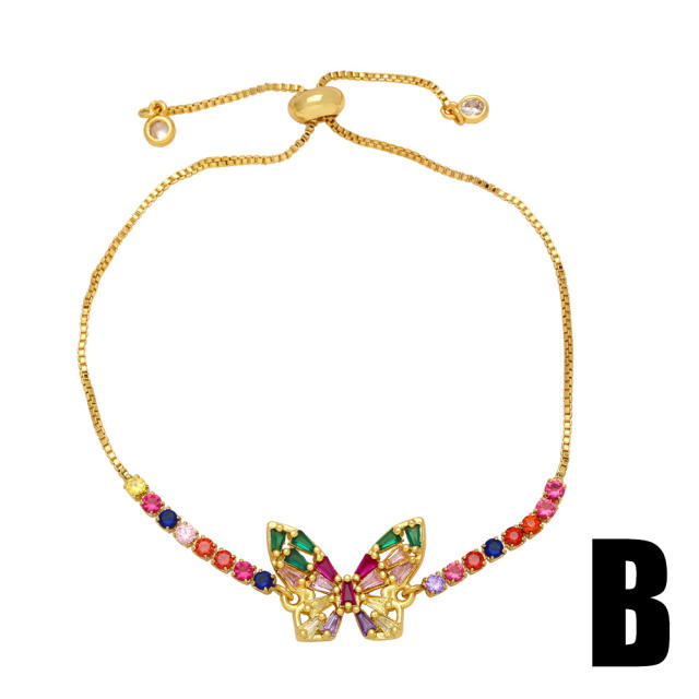 Deilcate rainbow cz butterfly evil eye gold plated copper bracelet