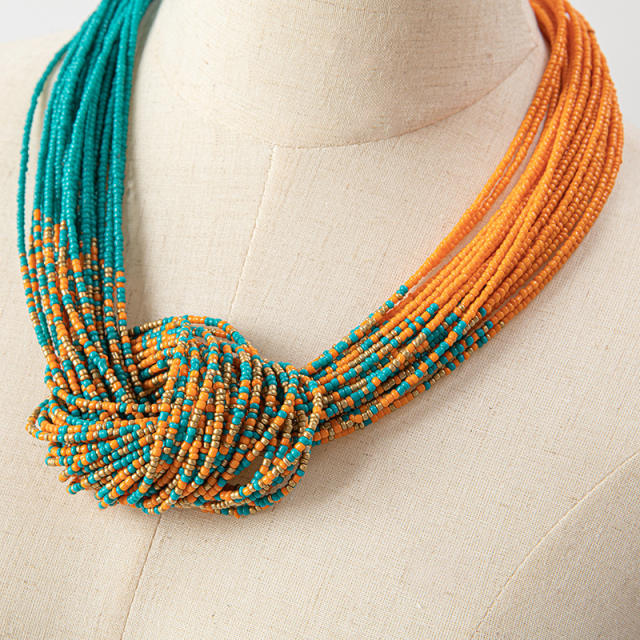 Boho colorful seed bead big knot necklace