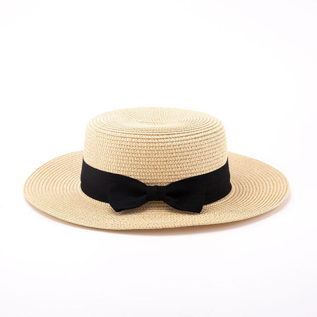 Elegant black bow ribbon straw hat beach hat