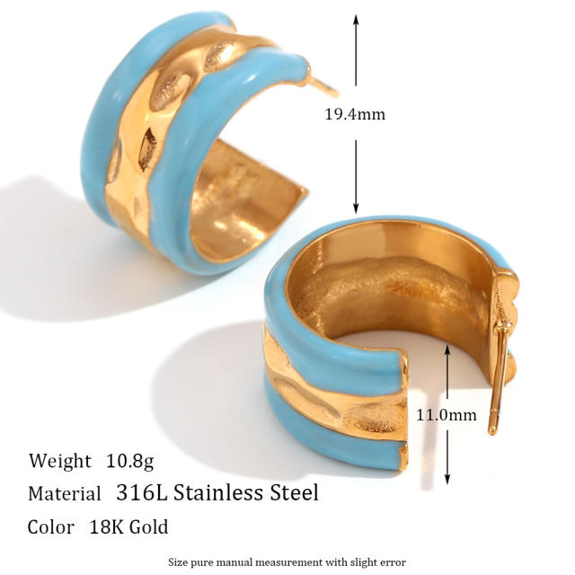 Hot sale color enamel water wave pattern open hoop stainless steel earrings
