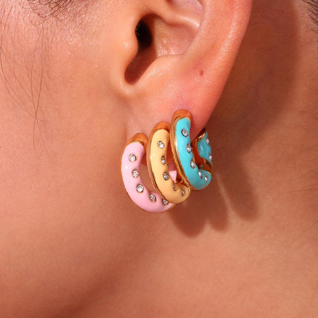 Summer color enamel open stainless steel earrings