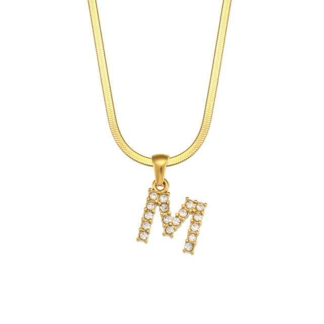 Diamond initial letter herringbone chain stainless steel necklace