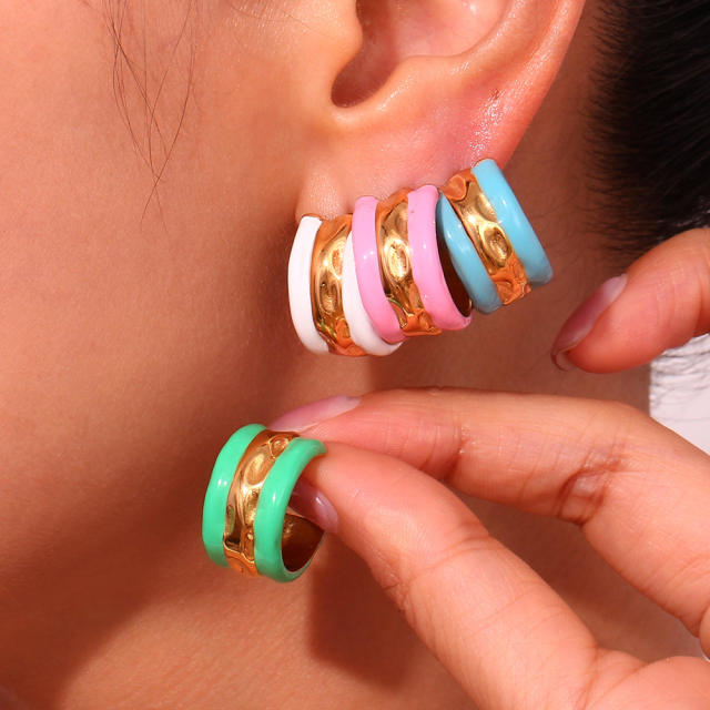 Hot sale color enamel water wave pattern open hoop stainless steel earrings