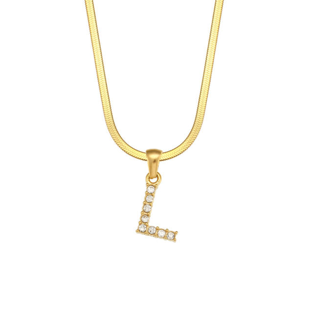 Diamond initial letter herringbone chain stainless steel necklace