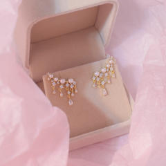 Delicate cubic zircon drop tassel pearl bead earrings