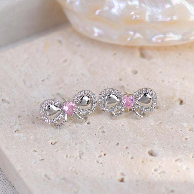 Delicate silver color pink cubic zircon heart bow earrings rings