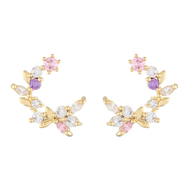 Delicate color cubic zircon butterfly flower copper studs earrings