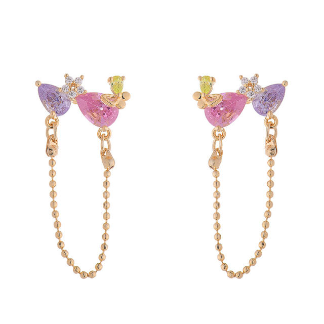 Creative colorful cubic zircon chain tassel copper earrings