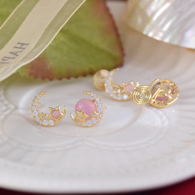 Sweet pink opal stone moon star deilcate Asymmetric earrings