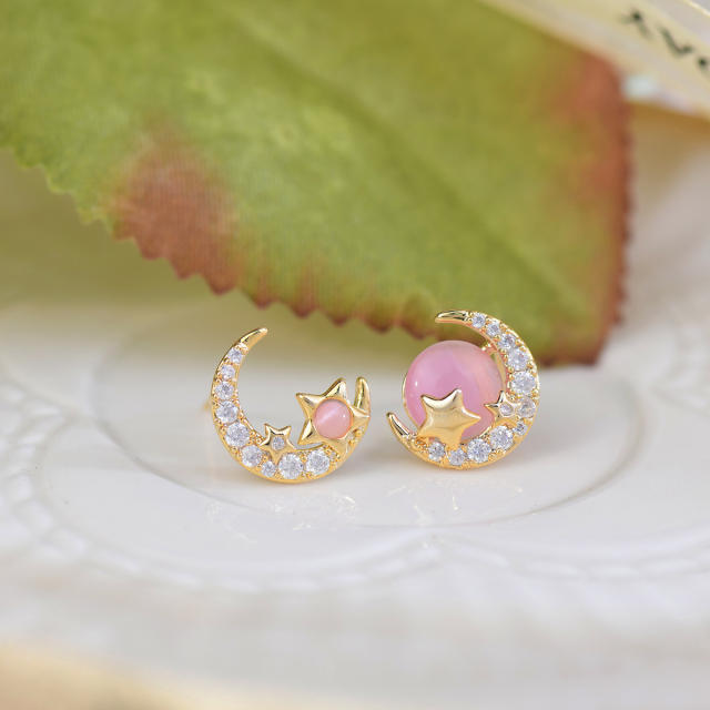 Sweet pink opal stone moon star deilcate Asymmetric earrings