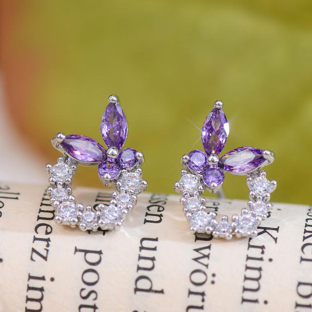 Chic amethyst cubic zircon butterfly circle copper studs earrings