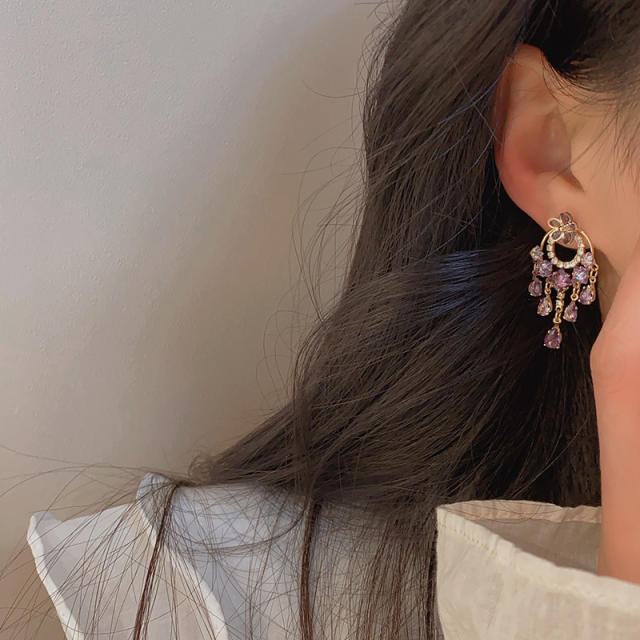 Delicate amethyst cubic zircon flower clip on earrings